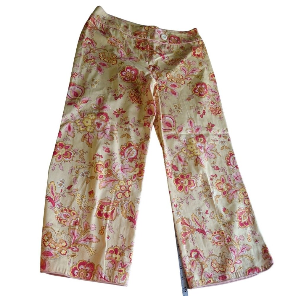 Harolds Floral Capri Pants Size 4 Beige Pink Flat Front Wide Leg Beachy Tropical